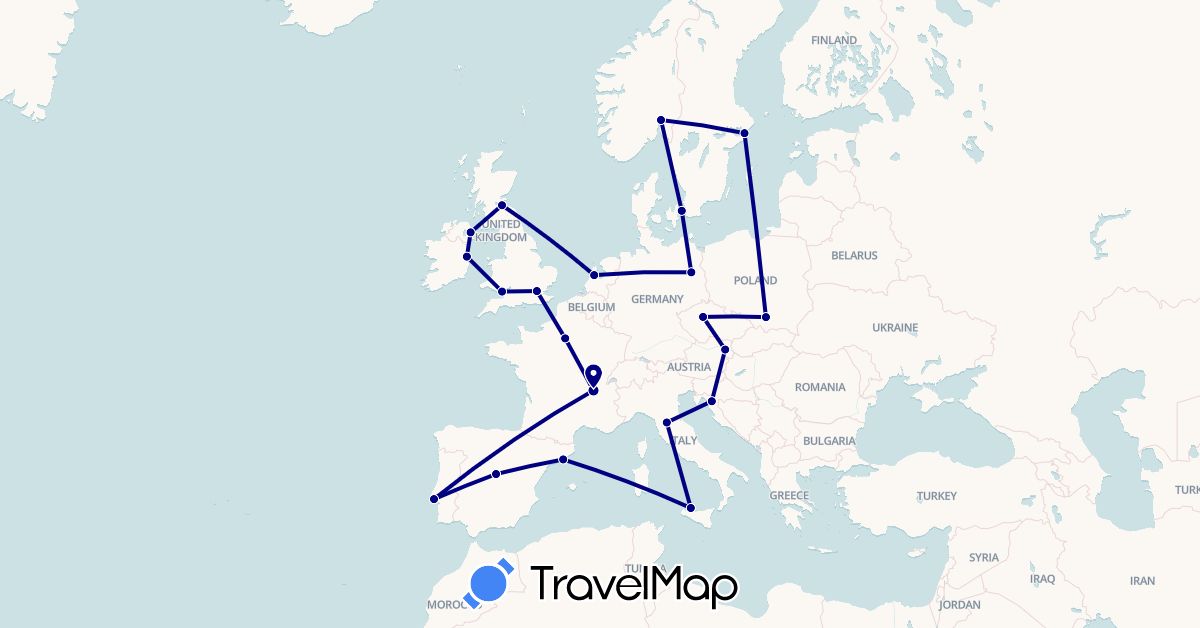 TravelMap itinerary: driving in Austria, Czech Republic, Germany, Denmark, Spain, France, United Kingdom, Croatia, Ireland, Italy, Netherlands, Norway, Poland, Portugal, Sweden (Europe)