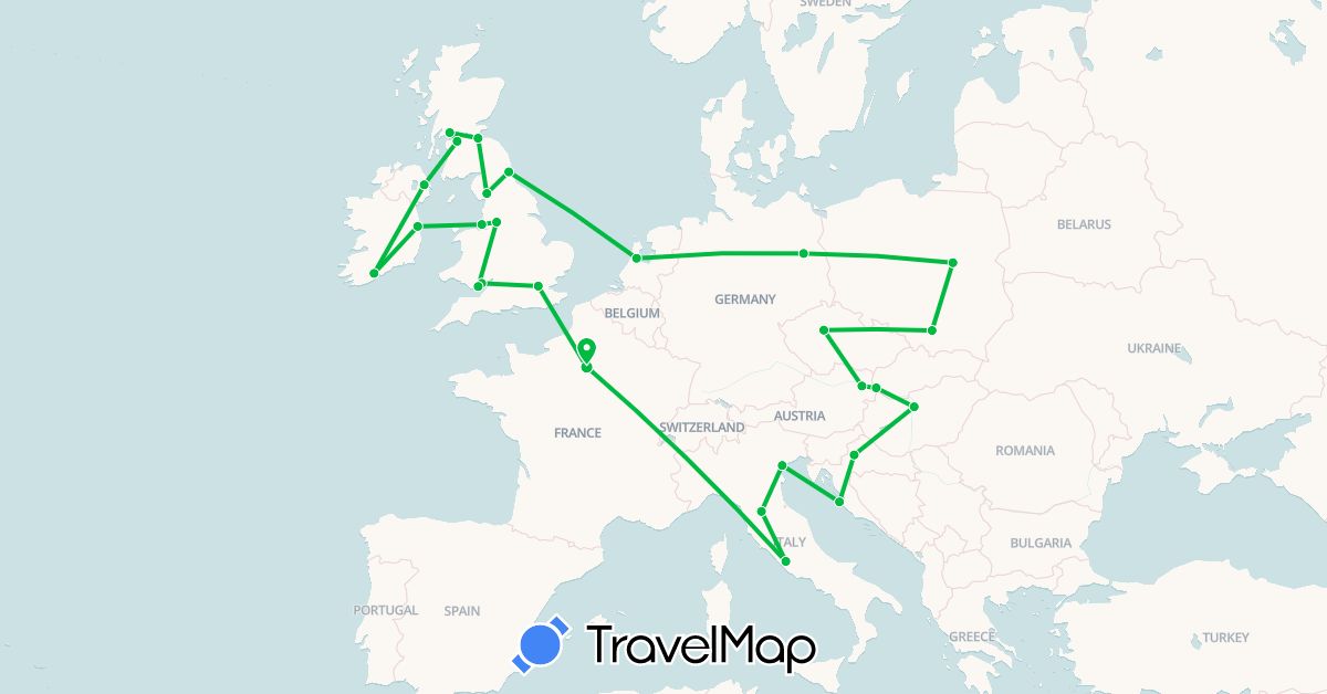 TravelMap itinerary: driving, bus in Austria, Czech Republic, Germany, France, United Kingdom, Croatia, Hungary, Ireland, Italy, Netherlands, Poland, Slovakia (Europe)